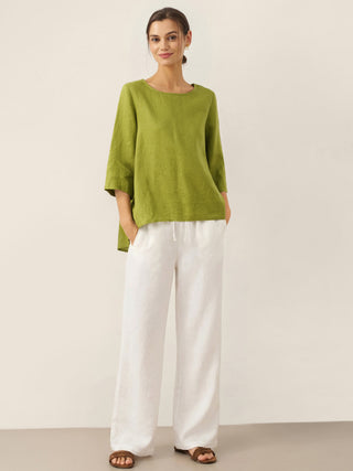 100% Linen Round Neck Asymmetrical Hem Top BRIANNA - Glamourous Grace
