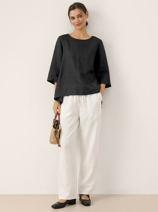 100% Linen Round Neck Asymmetrical Hem Top BRIANNA - Glamourous Grace