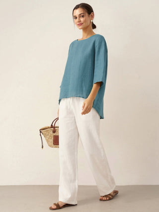 100% Linen Round Neck Asymmetrical Hem Top BRIANNA - Glamourous Grace
