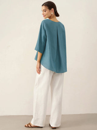100% Linen Round Neck Asymmetrical Hem Top BRIANNA - Glamourous Grace