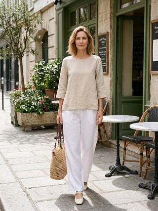 100% Linen Round Neck Asymmetrical Hem Top BRIANNA