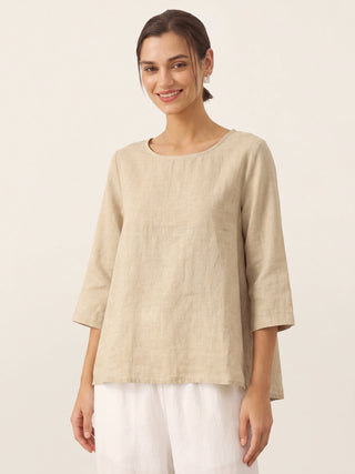 100% Linen Round Neck Asymmetrical Hem Top BRIANNA - Glamourous Grace