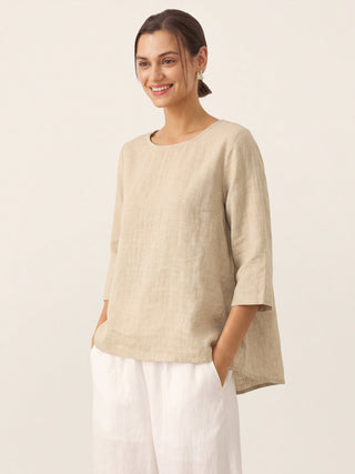 100% Linen Round Neck Asymmetrical Hem Top BRIANNA - Glamourous Grace