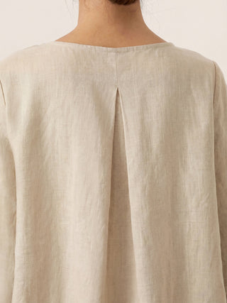 LINTICO Brianna khaki linen blouse with round neck and asymmetrical hem, stylish top for casual and chic outfits.