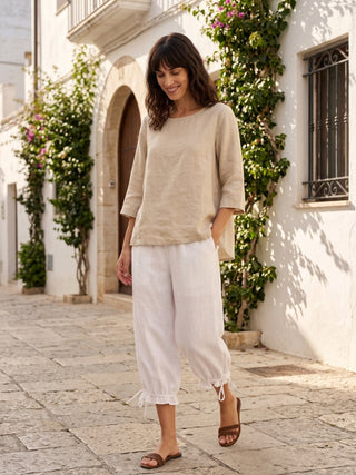 100% Linen Round Neck Asymmetrical Hem Top BRIANNA - Glamourous Grace