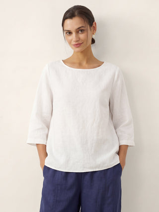 100% Linen Round Neck Asymmetrical Hem Top BRIANNA
