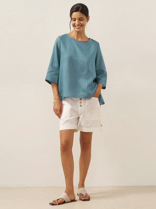 100% Linen Round Neck Asymmetrical Hem Top BRIANNA - Glamourous Grace