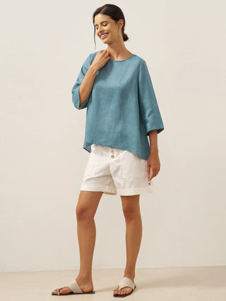 100% Linen Round Neck Asymmetrical Hem Top BRIANNA - Glamourous Grace