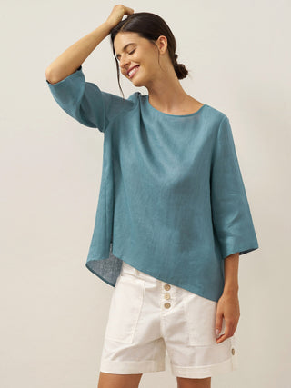 100% Linen Round Neck Asymmetrical Hem Top BRIANNA - Glamourous Grace
