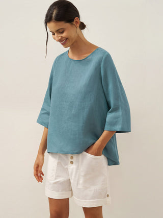 100% Linen Round Neck Asymmetrical Hem Top BRIANNA - Glamourous Grace