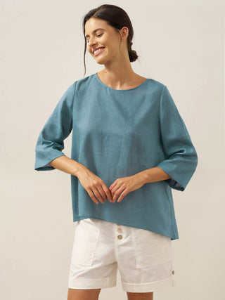 100% Linen Round Neck Asymmetrical Hem Top BRIANNA - Glamourous Grace