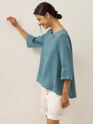 100% Linen Round Neck Asymmetrical Hem Top BRIANNA - Glamourous Grace