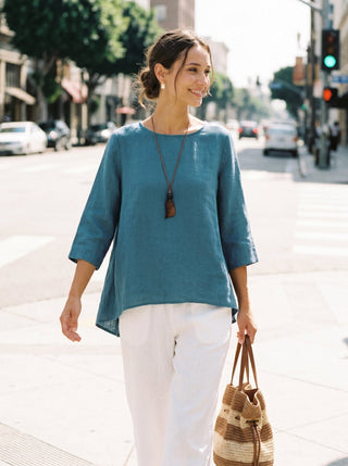 100% Linen Round Neck Asymmetrical Hem Top BRIANNA - Glamourous Grace