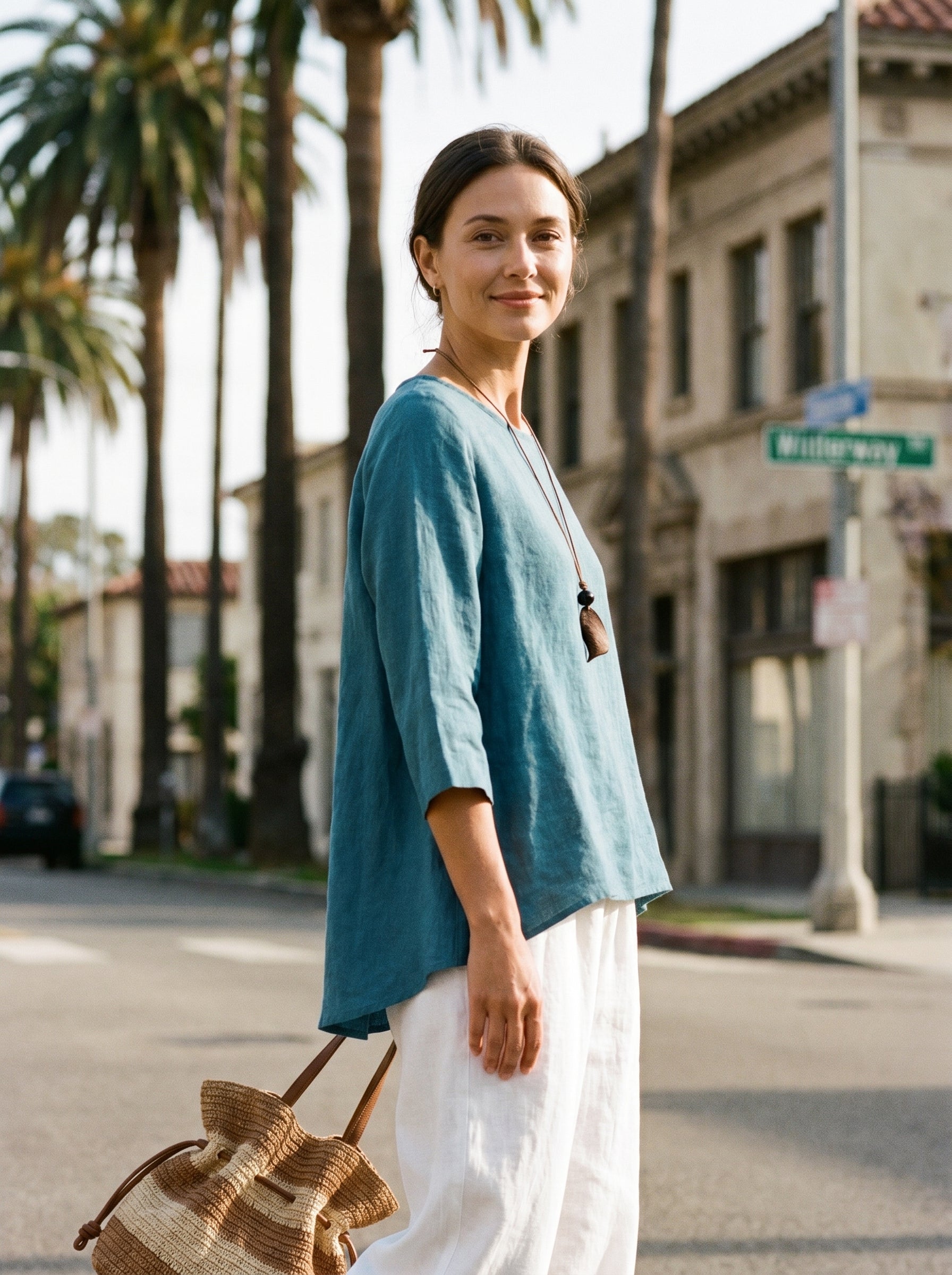 100% Linen Round Neck Asymmetrical Hem Top BRIANNA - Glamourous Grace