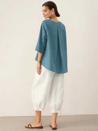 100% Linen Round Neck Asymmetrical Hem Top BRIANNA - Glamourous Grace