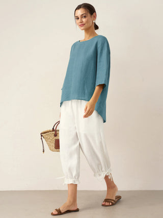100% Linen Round Neck Asymmetrical Hem Top BRIANNA - Glamourous Grace