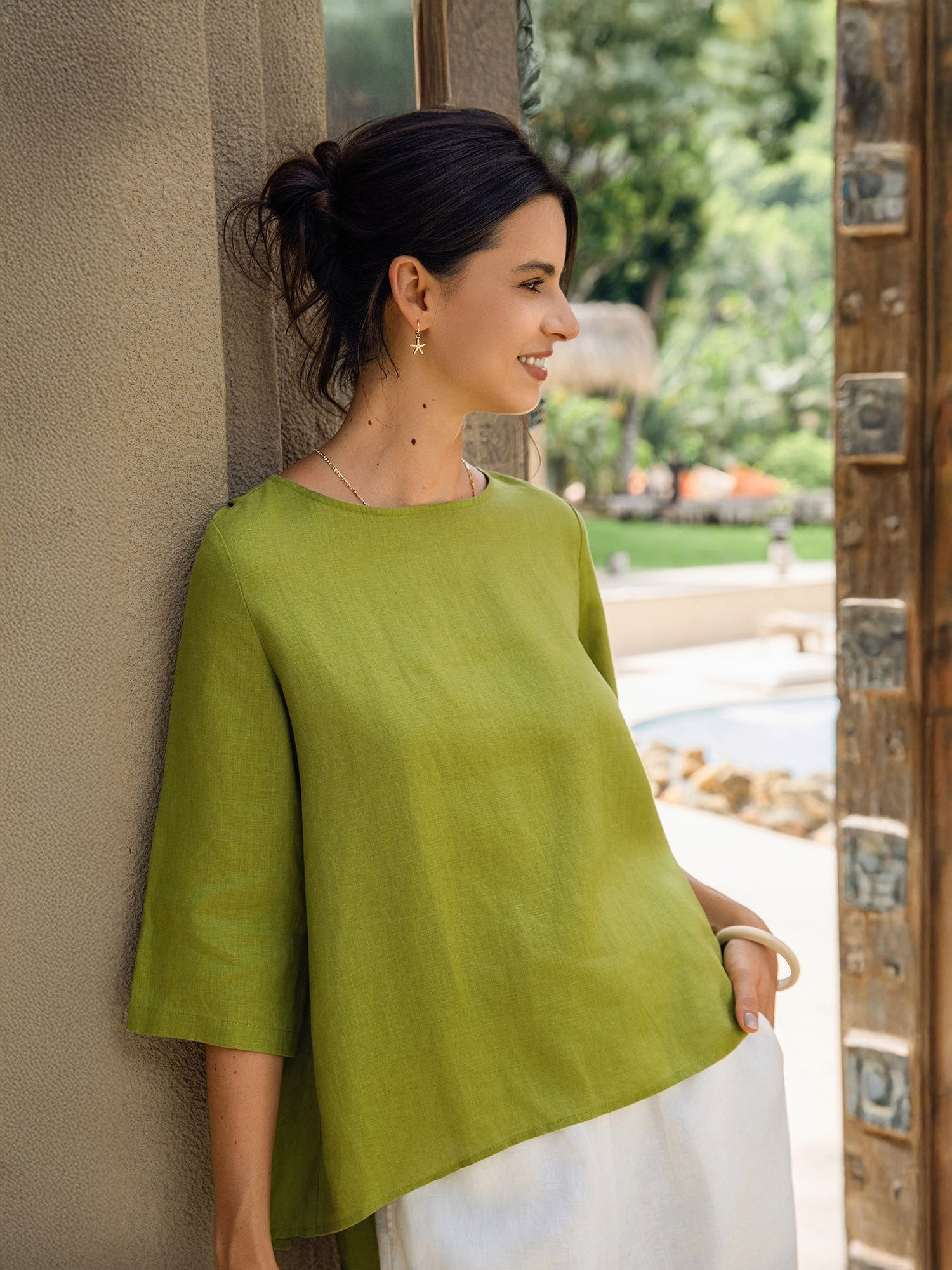 100% Linen Round Neck Asymmetrical Hem Top BRIANNA - Glamourous Grace