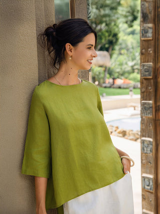 100% Linen Round Neck Asymmetrical Hem Top BRIANNA - Glamourous Grace