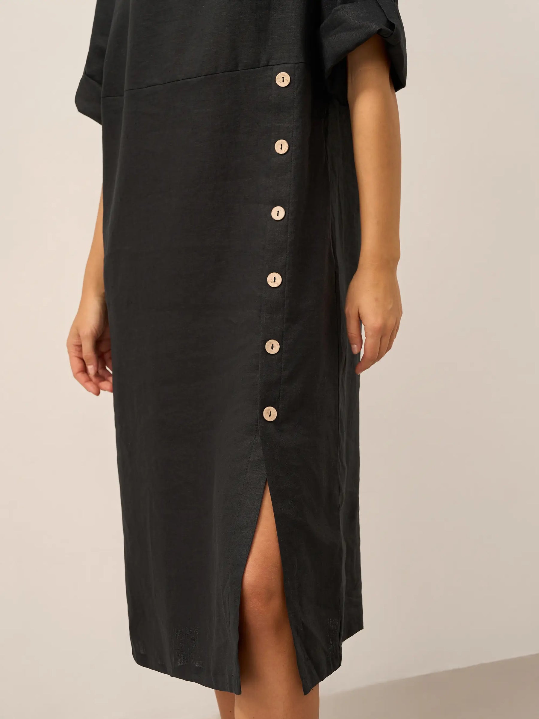 100% Linen Round Neck Button Detail Midi Dress JELENA - Glamourous Grace
