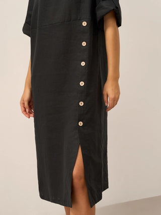 100% Linen Round Neck Button Detail Midi Dress JELENA - Glamourous Grace