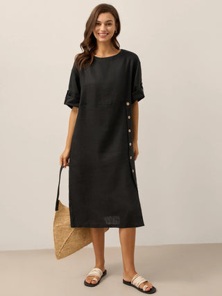100% Linen Round Neck Button Detail Midi Dress JELENA - Glamourous Grace