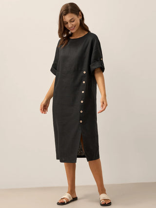 100% Linen Round Neck Button Detail Midi Dress JELENA - Glamourous Grace