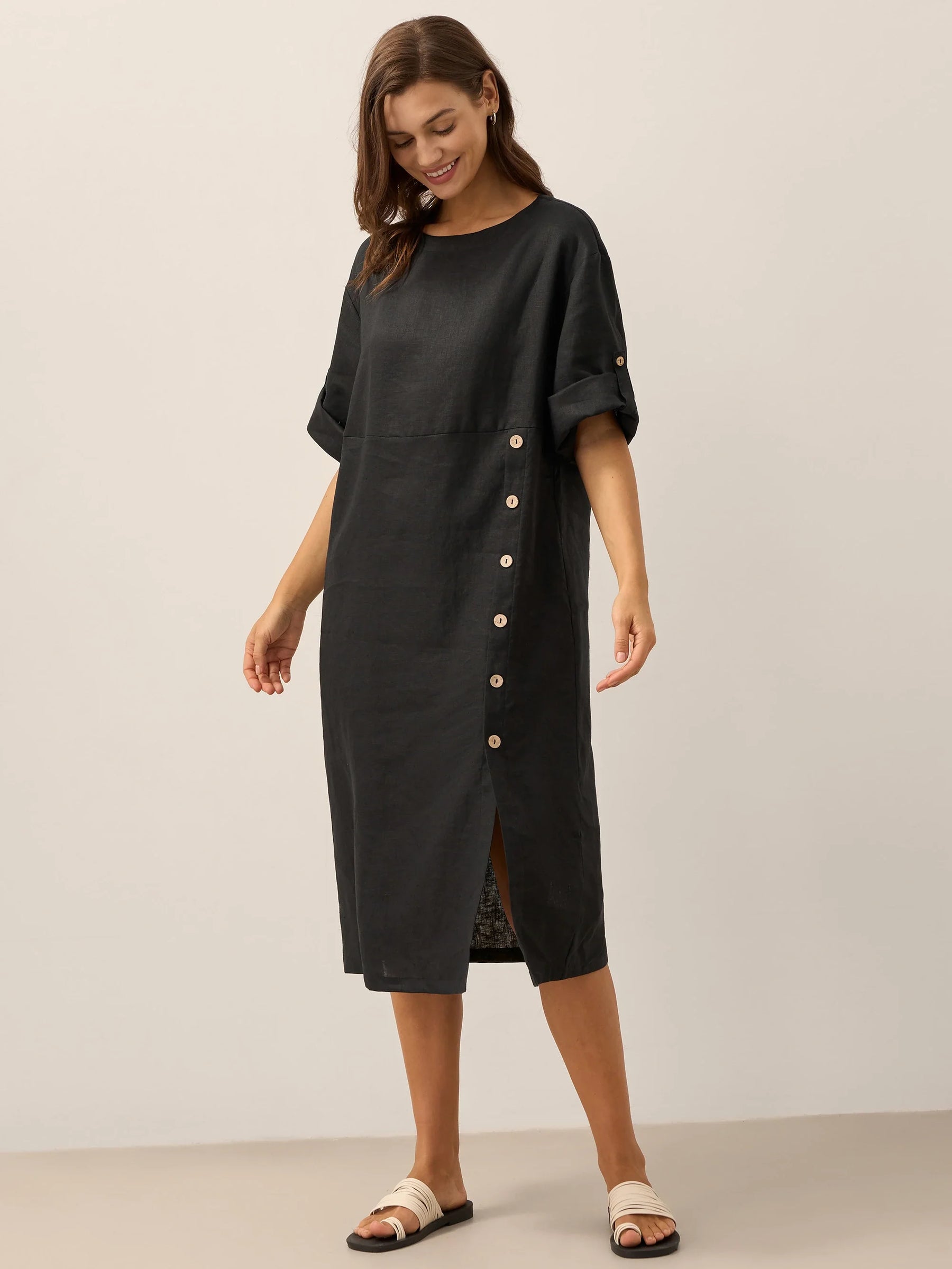 100% Linen Round Neck Button Detail Midi Dress JELENA - Glamourous Grace