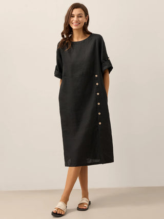 100% Linen Round Neck Button Detail Midi Dress JELENA - Glamourous Grace