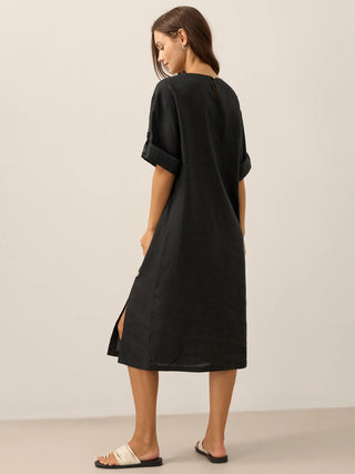 100% Linen Round Neck Button Detail Midi Dress JELENA - Glamourous Grace