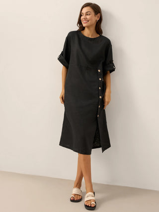 100% Linen Round Neck Button Detail Midi Dress JELENA - Glamourous Grace