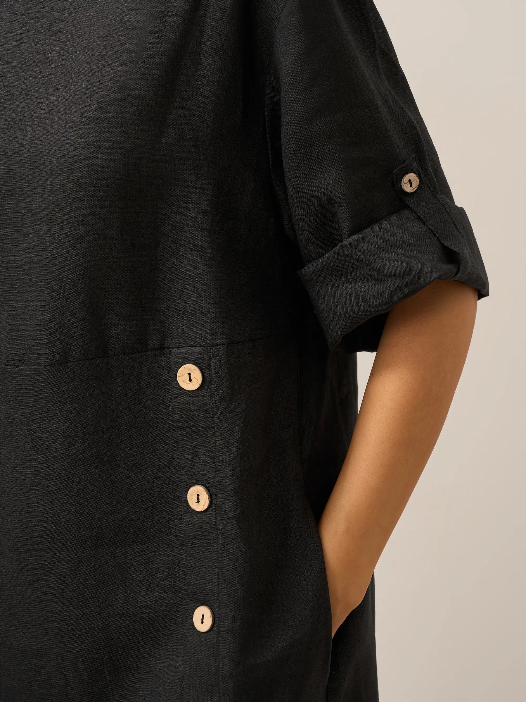 100% Linen Round Neck Button Detail Midi Dress JELENA - Glamourous Grace