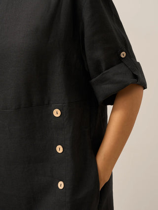 100% Linen Round Neck Button Detail Midi Dress JELENA - Glamourous Grace