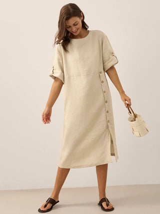100% Linen Round Neck Button Detail Midi Dress JELENA - Glamourous Grace