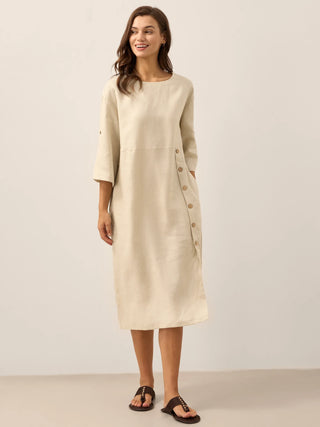 100% Linen Round Neck Button Detail Midi Dress JELENA - Glamourous Grace