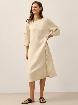 100% Linen Round Neck Button Detail Midi Dress JELENA - Glamourous Grace