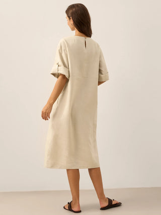 100% Linen Round Neck Button Detail Midi Dress JELENA - Glamourous Grace