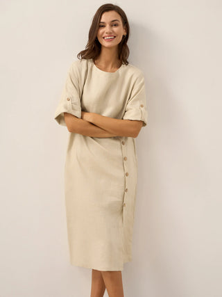 100% Linen Round Neck Button Detail Midi Dress JELENA - Glamourous Grace