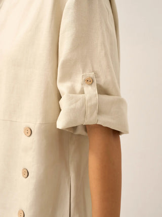 100% Linen Round Neck Button Detail Midi Dress JELENA - Glamourous Grace