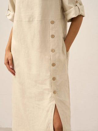 100% Linen Round Neck Button Detail Midi Dress JELENA - Glamourous Grace