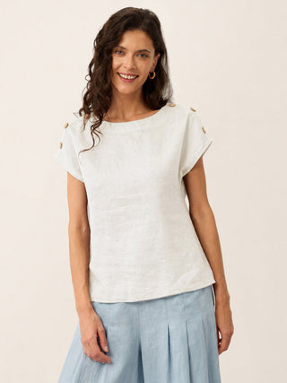 100% Linen Round Neck Button Detail Top ISABELLE - Glamourous Grace
