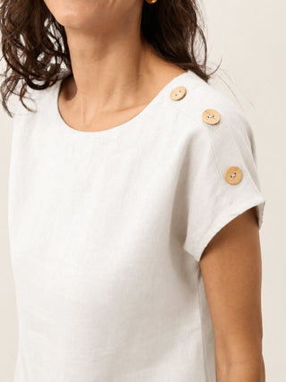 100% Linen Round Neck Button Detail Top ISABELLE - Glamourous Grace