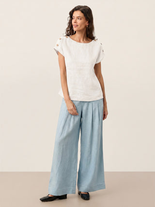 100% Linen Round Neck Button Detail Top ISABELLE - Glamourous Grace
