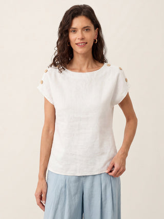 100% Linen Round Neck Button Detail Top ISABELLE - Glamourous Grace
