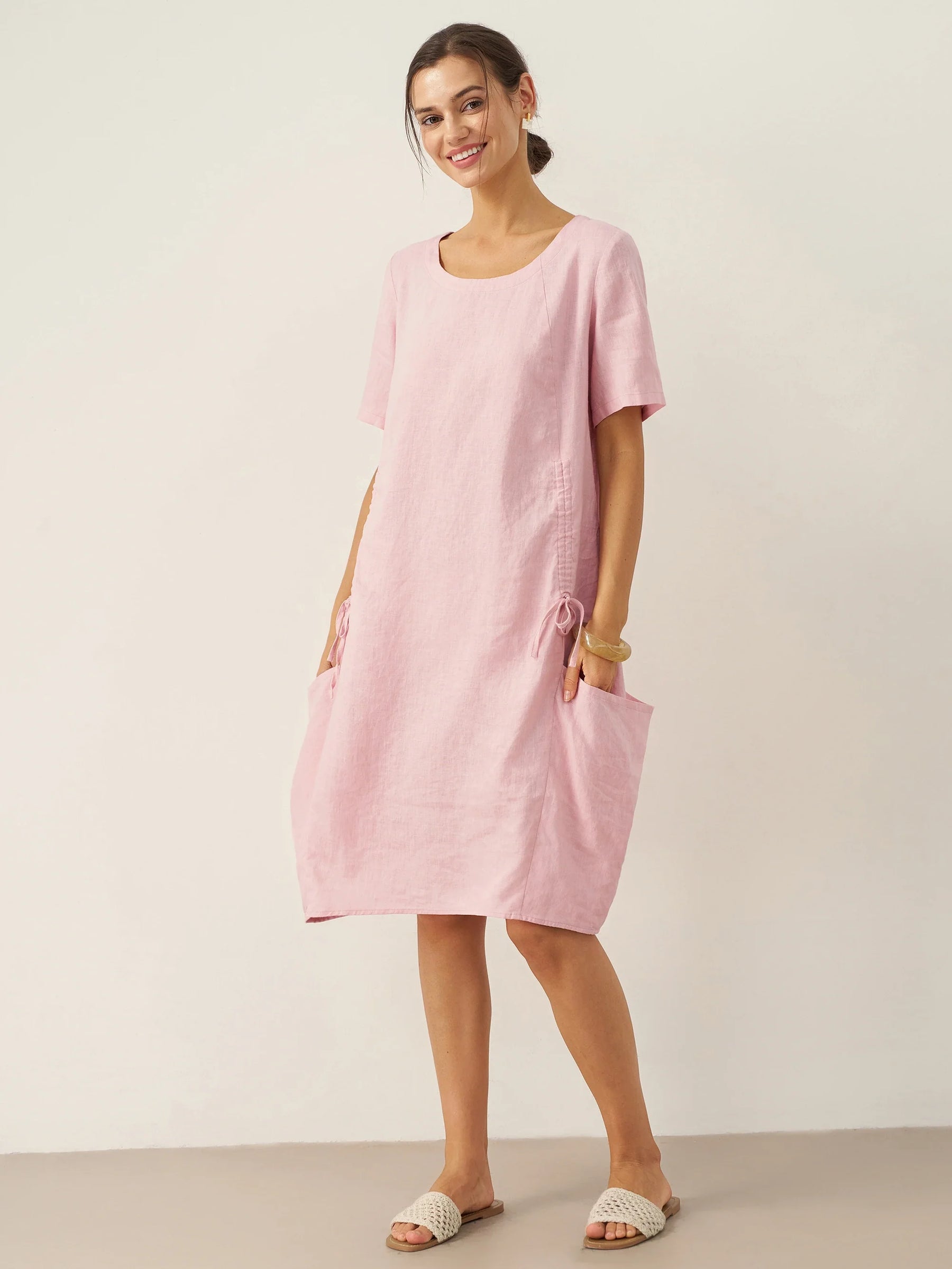 100% Linen Round Neck Patch Pocket Midi Dress XENA - Glamourous Grace