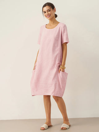 100% Linen Round Neck Patch Pocket Midi Dress XENA - Glamourous Grace