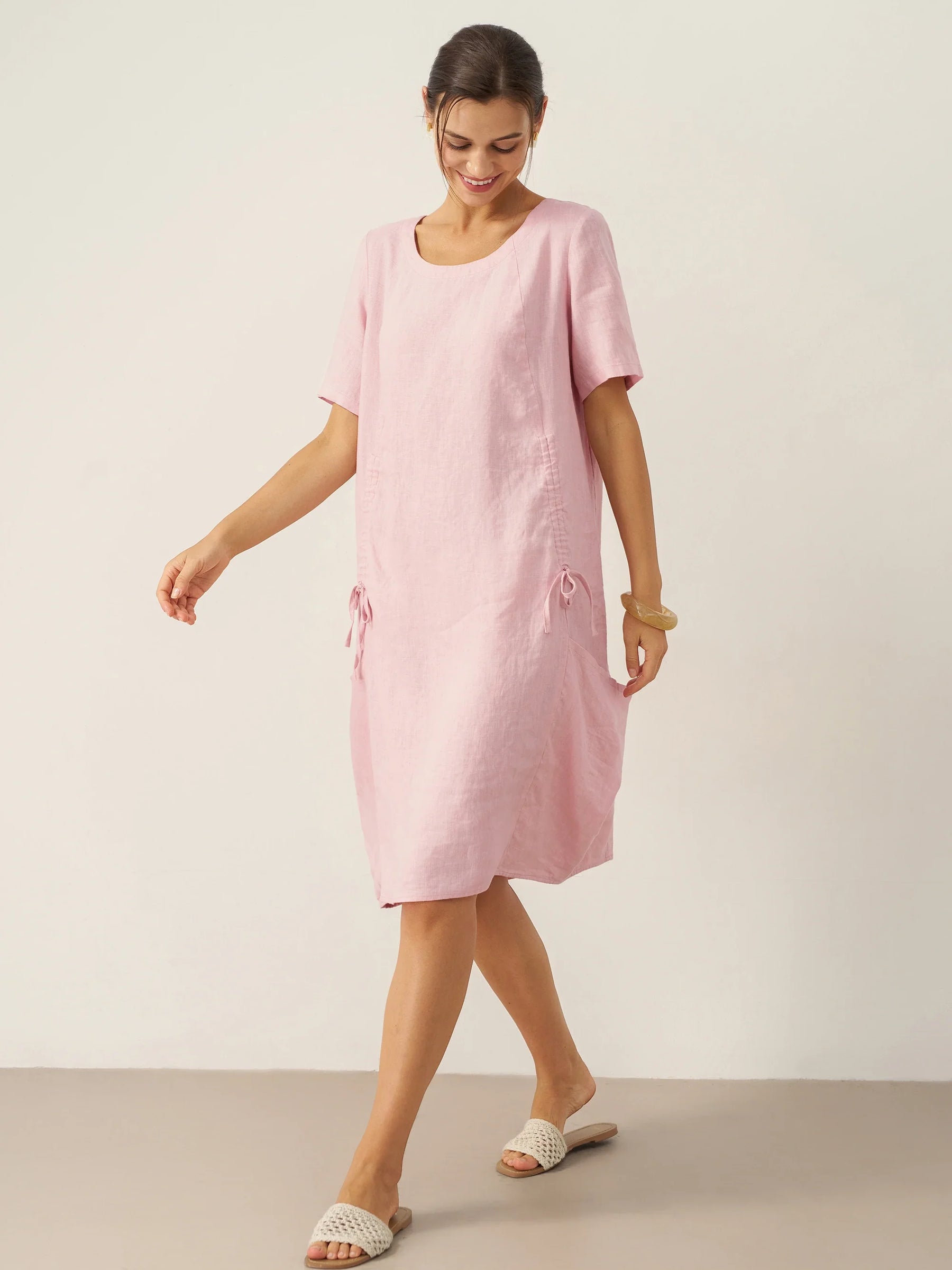 100% Linen Round Neck Patch Pocket Midi Dress XENA - Glamourous Grace
