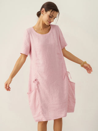 100% Linen Round Neck Patch Pocket Midi Dress XENA - Glamourous Grace