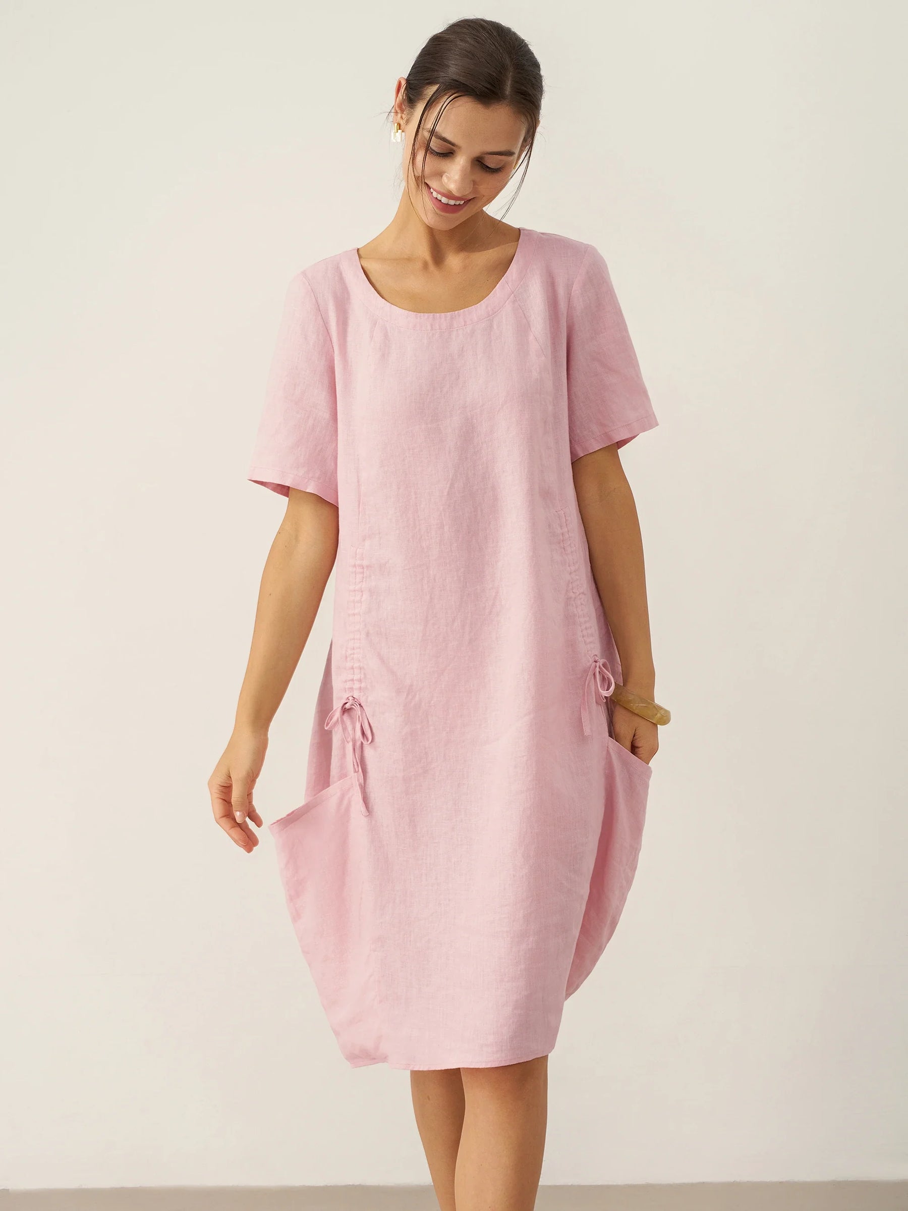 100% Linen Round Neck Patch Pocket Midi Dress XENA - Glamourous Grace