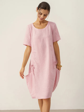 100% Linen Round Neck Patch Pocket Midi Dress XENA - Glamourous Grace