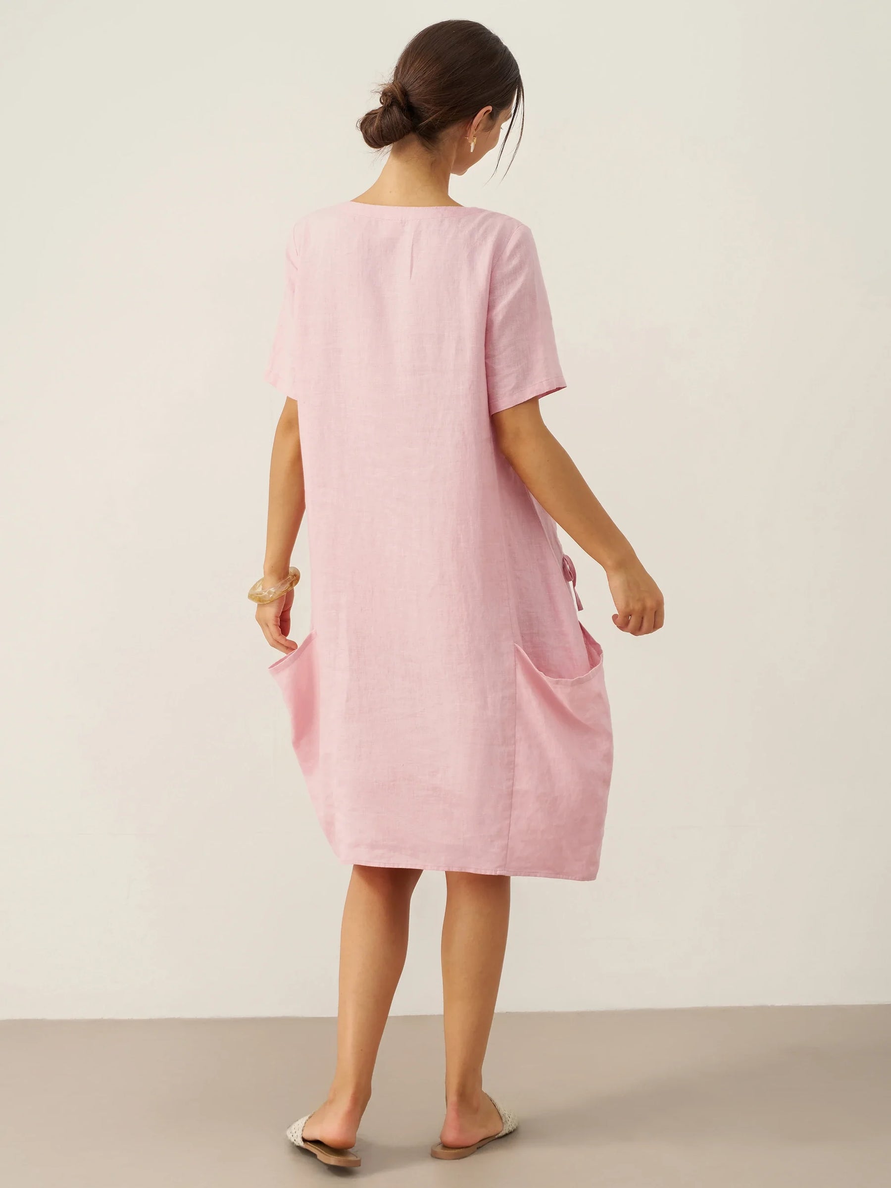 100% Linen Round Neck Patch Pocket Midi Dress XENA - Glamourous Grace